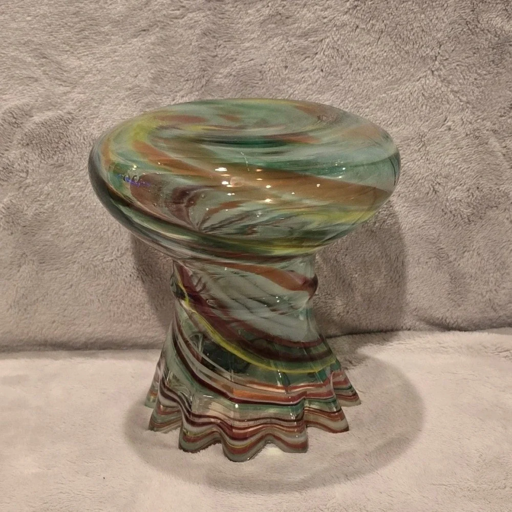 Vintage Hand Blown Art Glass Swirl Vase Multi Color Ruffled Rim 5.5in